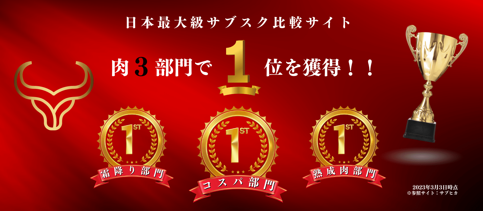 和牛サブスクリプション 日本最大級サブスク比較サイト サブヒカ 肉3部門 1位を獲得 コスパ部門 霜降り部門 熟成肉部門