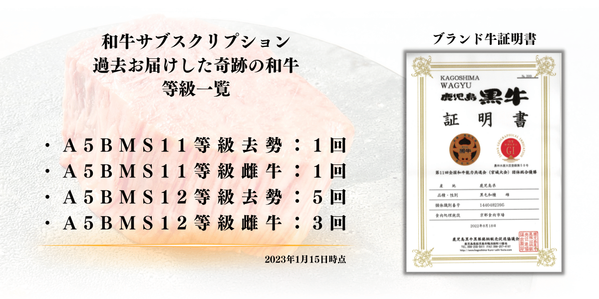 和牛サブスクリプション お届け和牛 等級一覧 A5BMS11等級ブランド牛 2回 A5BMS12等級ブランド牛 8回