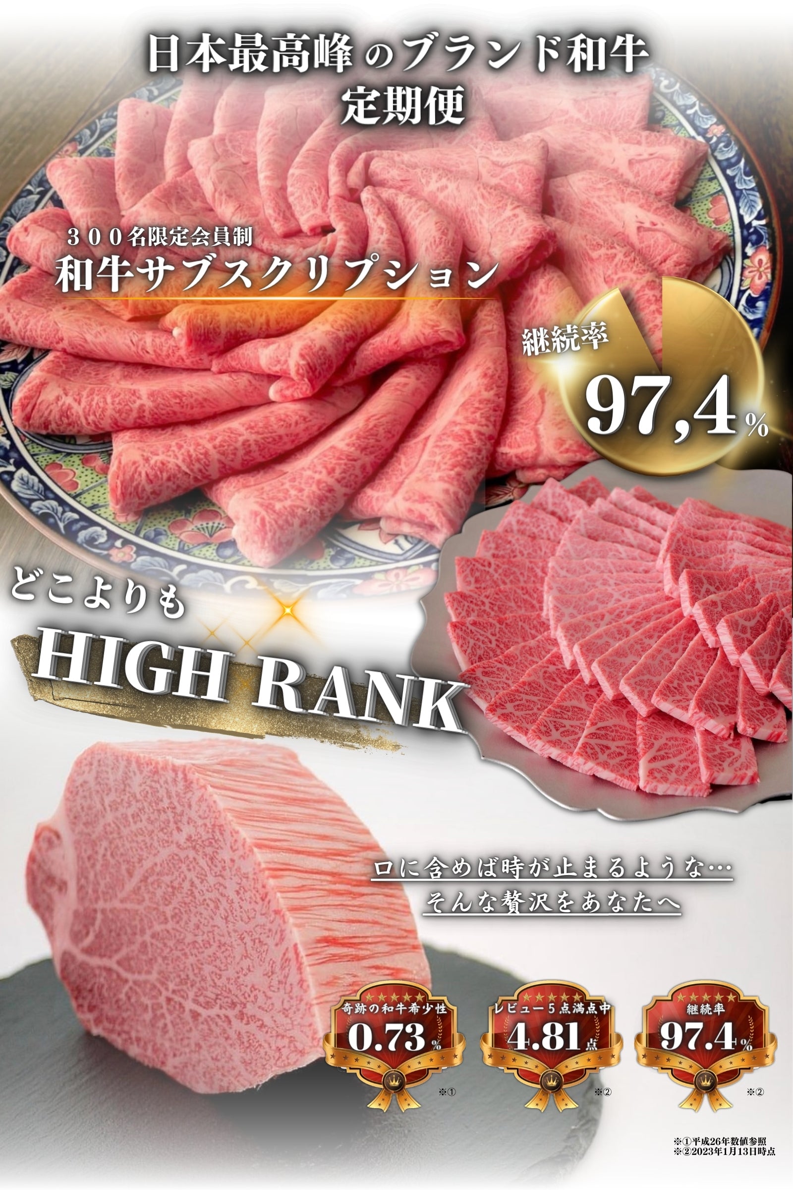 和牛サブスクリプション 300名限定会員制 継続率97.4% レビュー満足度4.81点